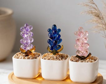 Flor de jacinto em vitral feito à mão, mini planta em vaso de vidro