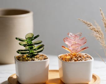Suculenta artesanal em vidro fundido: decoração de planta em vitral