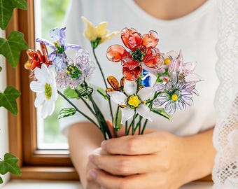 Flor de Vidro do Mês de Nascimento, Presente de Flor de Nascimento, Flor de Primavera Soprada à Mão, Presente para o Dia das Mães, Buquê de Flores de Vidro, Presente de Aniversário, Presente para Ela