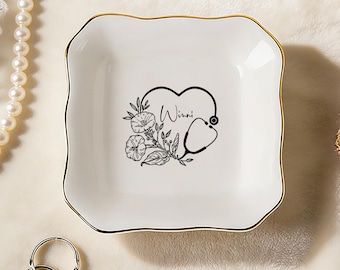 Personalized Nurse Jewelry Dish, Custom Name Trinket Dish, Stethoscope Ring Dish, Nurse Appreciation Gift, Gift for CNA,RN Gift,Jewelry Tray