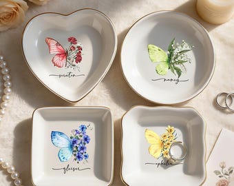 Personalised Birth Flower Ring Dish, Watercolor Floral Trinket Dish for Her, Birthday Jewelry Dish, Bridesmaid Gift, Valentine's Day Gift