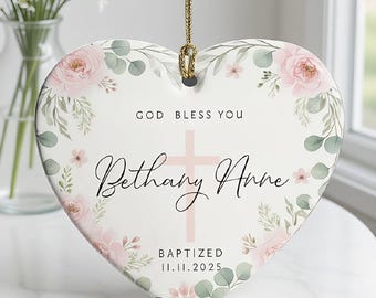 Personalized God Bless Christening Ornament ,Custom Girls Custom Baptism Ornament , Pink Peach Floral Christened Ornament Keepsake