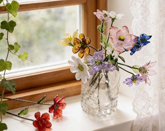Buquê de flores de vidro artesanal para o mês de nascimento, ideias de presentes para o Dia das Mães, presente para ela, flores de vidro soprado personalizadas, flor de vitral