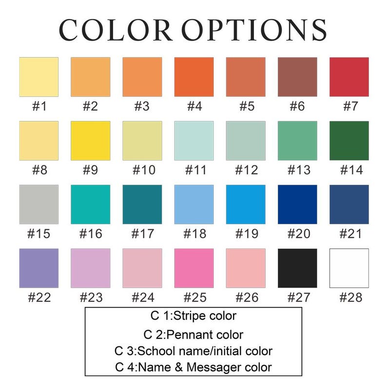 May include: A color chart with 28 numbered color swatches in various shades, including yellow, orange, red, green, blue, purple, pink, black, and white. The text "COLOR OPTIONS" is at the top, with color options for stripes, pennants, school names, and messages.