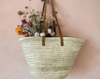 Handmade Moroccan Palm Leaf Basket Tote: Woven Market Bag with Leather Straps