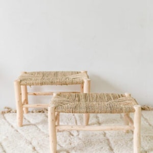 Handmade Moroccan Woven Straw Bench: Rustic Boho Decor