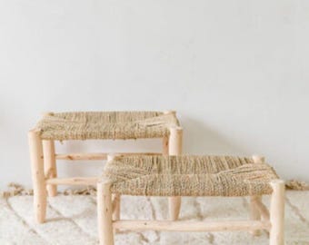 Handmade Moroccan Woven Straw Bench: Rustic Boho Decor