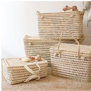 Handwoven Palm Leaf Storage Basket with Lid: Moroccan Boho Decor