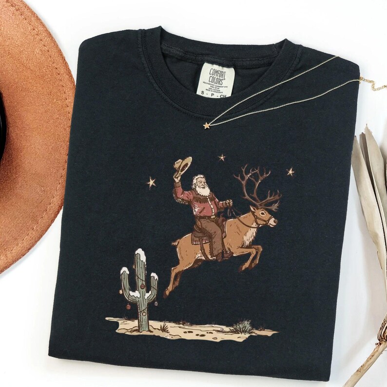 Western Christmas Shirt, Cowboy Santa Riding Reindeer Tee, Vintage ...