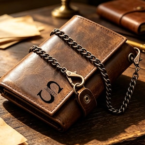 May include: A brown leather bifold wallet featuring a distressed texture, a metal chain attachment with a lobster clasp, and a snap-button closure. The front is embossed with the letter S and the name Scott in a dark, bold font.