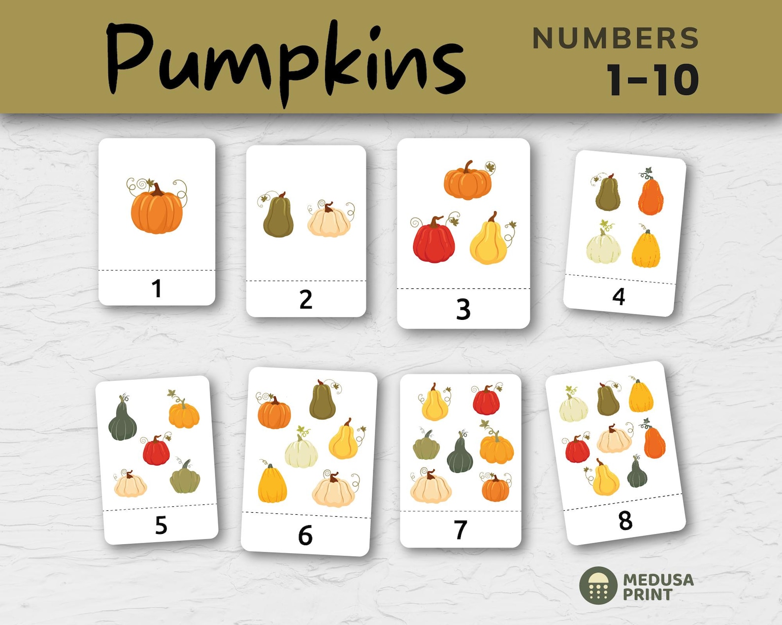Pumpkin Number Flash Cards 1‑10 | Fall Preschool Counting & Matching ...