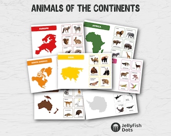 May include: A collection of educational cards titled Animals of the Continents, featuring colorful maps of Europe, Africa, North America, Asia, and others. Each card displays animal illustrations with labels, organized by region, with the Jellyfish Dots logo.