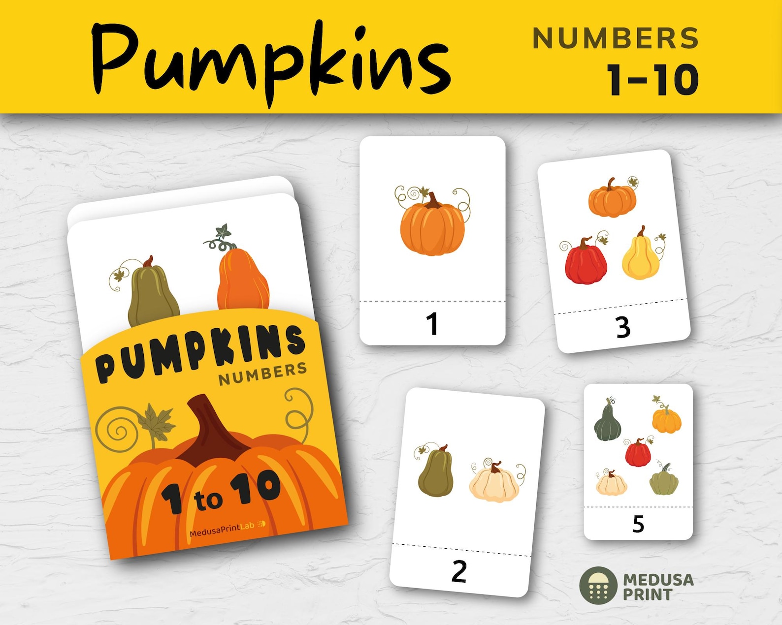 Pumpkin Number Flash Cards 1‑10 | Fall Preschool Counting & Matching ...