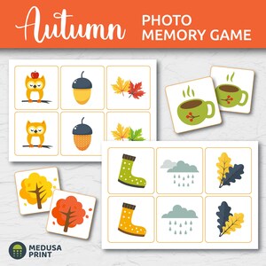 May include: A photo memory game with an orange banner reading "Autumn" and "Photo Memory Game". The game features illustrated cards with autumn-themed images, including owls, acorns, leaves, coffee cups, boots, and trees.