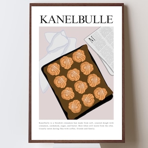 Könnte beinhalten: Ein gerahmter Druck mit dem Wort "KANELBULLE" oben. Das Bild zeigt ein Tablett mit Zimtschnecken, eine Zeitung und ein gefaltetes Tuch. Der Text beschreibt die Brötchen als schwedisches Gebäck.