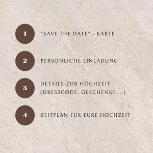 May include: A beige background with four brown circles, each numbered and containing text. The text includes "SAVE THE DATE" - KARTE, PERS&Ouml;NLICHE EINLADUNG, DETAILS ZUR HOCHZEIT, and ZEITPLAN F&Uuml;R EURE HOCHZEIT.