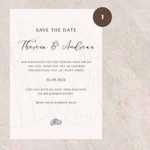 May include: A cream-colored wedding invitation with the text "SAVE THE DATE" and the names "Theresa & Andreas." The date "26.08.2026" is also displayed. The design includes line art and a brown circle with the number "1."