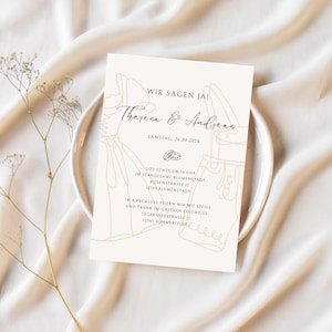 May include: A cream-colored wedding invitation with the text "WIR SAGEN JA!" and the names "Theresa & Andreas." The invitation includes the date, time, and location of the ceremony and reception. The design features line art of a bride and groom.