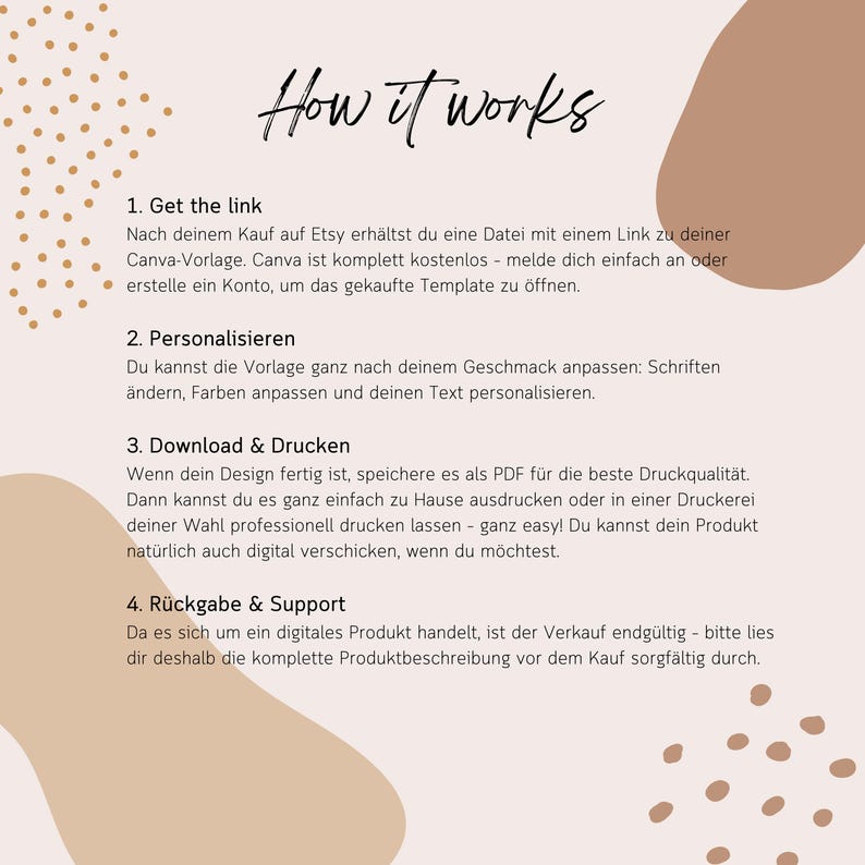 May include: A beige and brown graphic with the text "How it works" at the top. The text describes the steps to use a digital template, including getting the link, personalizing, downloading, and printing. The background has decorative dots and shapes.
