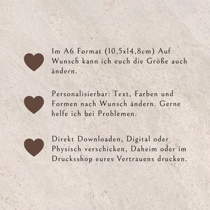 May include: A beige background with text in German, including size information in centimeters. The text mentions customization options for text, colors, and shapes, and offers digital or physical delivery.