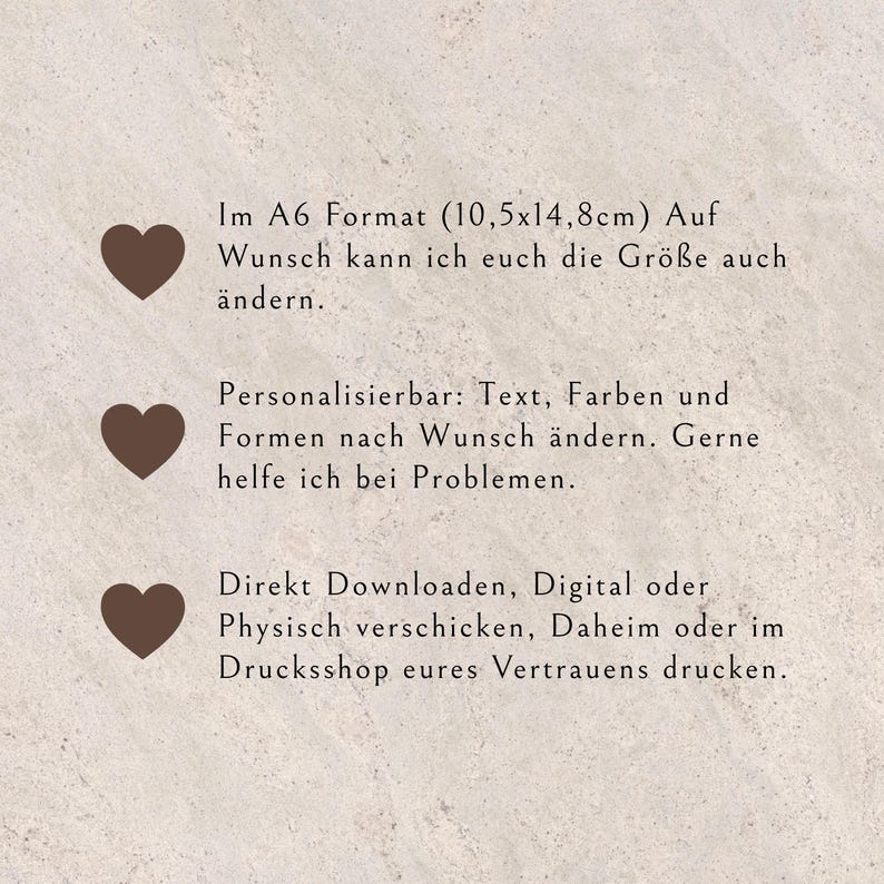 May include: A beige background with text in German, including size information in centimeters. The text mentions customization options for text, colors, and shapes, and offers digital or physical delivery.