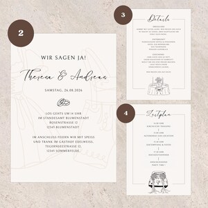 May include: A set of four wedding invitation cards with a minimalist design. The main card features the names "Theresa & Andreas" and event details. Additional cards include event details and a timeline, all in German.
