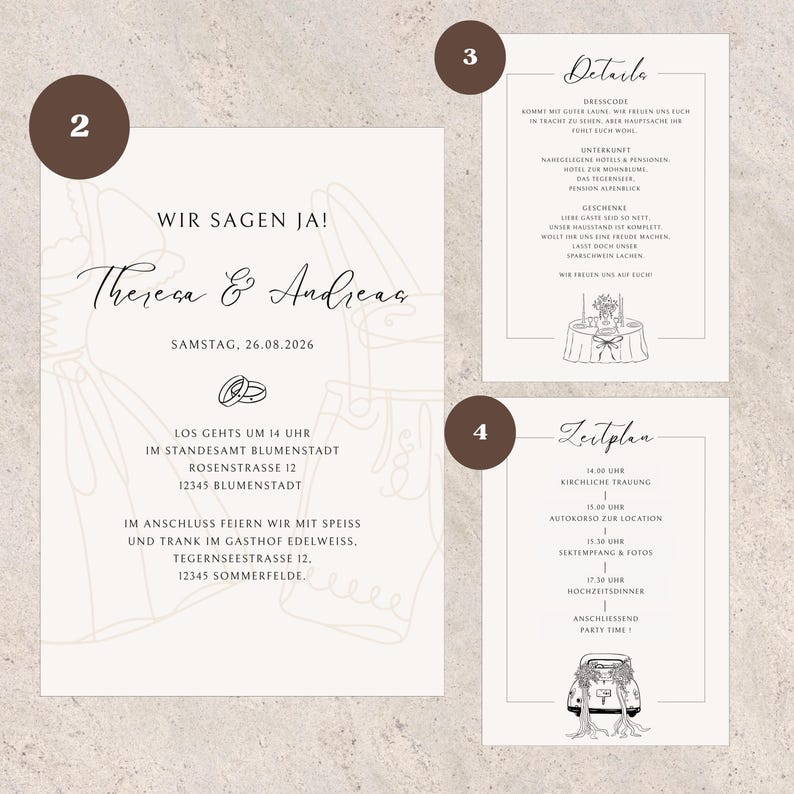 May include: A set of four wedding invitation cards with a minimalist design. The main card features the names "Theresa & Andreas" and event details. Additional cards include event details and a timeline, all in German.