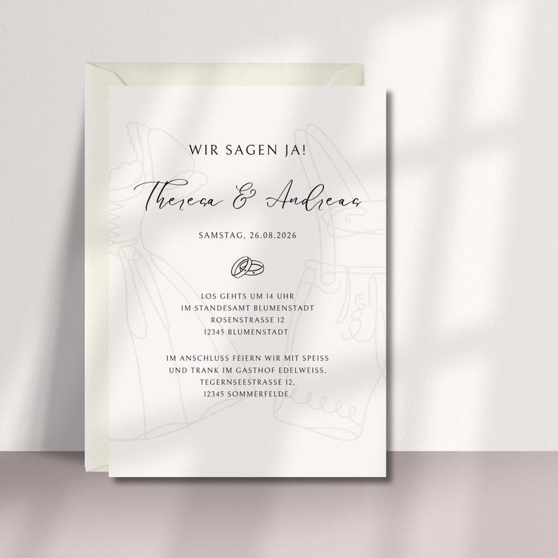 May include: A wedding invitation with the text "WIR SAGEN JA!" and the names "Theresa & Andreas". The date is Saturday, August 26, 2026. The invitation includes the time and location of the ceremony and reception.