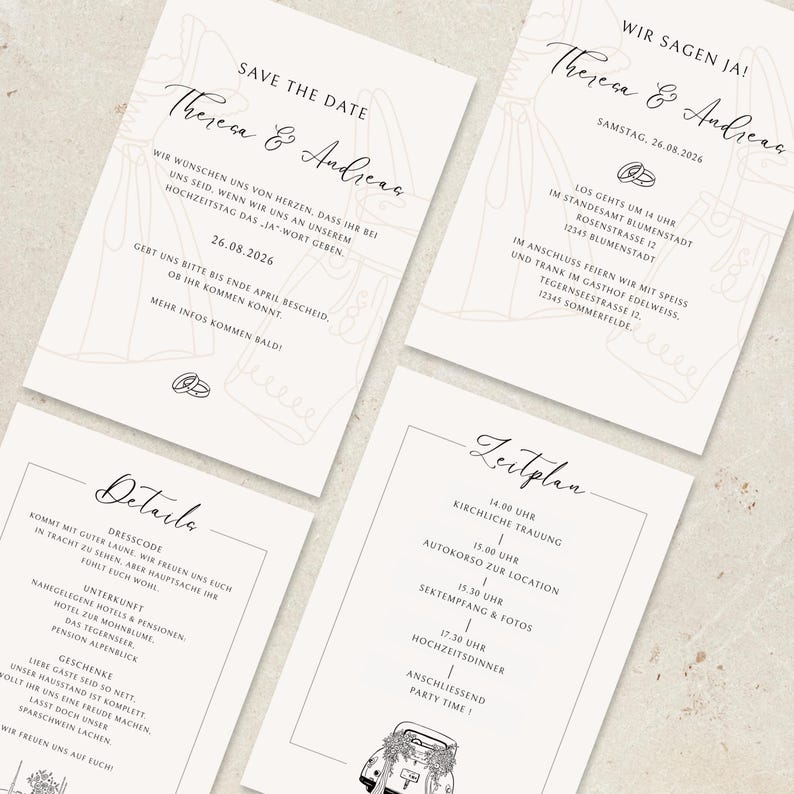 May include: Four cream-colored wedding invitation cards with black and pink text. The cards include details such as "Save the Date," "Details," and a wedding timeline. The design features line drawings of wedding attire and a vintage car.