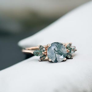 Round Moss Agate Engagement Ring: Marquise Green Gem, Rose Gold Boho Bridal Jewelry