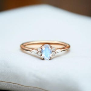 Dainty Oval Rainbow Moonstone Ring: Rose Gold June Birthstone