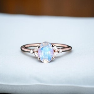 Oval Moonstone Ring Rainbow Moonstone Engagement Ring  Rose Gold Blue Fire Moonstone Ring June Birthstone Dainty Gemstone Ring Gift for Her