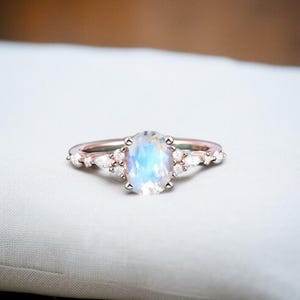 Rainbow Moonstone Oval Ring Rose Gold Boho Ring Handmade Rainbow Moonstone Ring June Birthstone Unique Gemstone Ring for Women