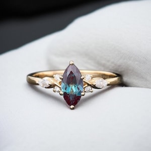 Marquise Lab Alexandrite Engagement Ring: Color Change Sterling Silver Bridal Jewelry
