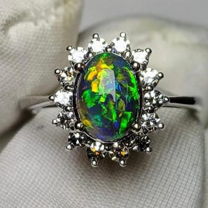 Oval cut Opal engagement ring 14k Rose gold Diamond cluster engagement ring for women vintage Unique wedding Bridal Promise Anniversary ring