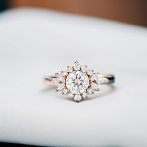 Round Moissanite Engagement Ring: Rose Gold Halo, Art Deco Bridal Ring