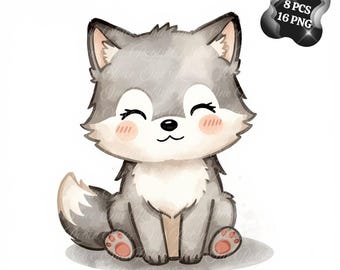 May include: A digital illustration of a gray and white wolf cub sitting down with closed eyes, a small black nose, and pink cheeks. The character has pointed ears and a fluffy tail. A black badge in the top right corner displays 8 PCS 16 PNG.