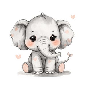 May include: A charming watercolour illustration of a baby elephant in grey tones, featuring large eyes and rosy cheeks. The elephant has small pink hearts on its ears and body, and is sitting down. Two small pink hearts float in the background.