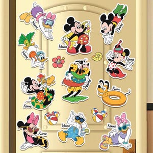 May include: A collection of colorful Disney character stickers, including Mickey Mouse, Minnie Mouse, Donald Duck, Daisy Duck, and Goofy, in various beach and summer-themed poses. Each sticker has a name tag.