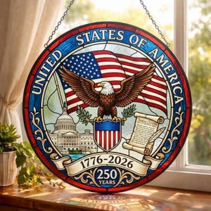 American 250th Anniversary Stained glass suncatcher, 1776-2026 Bald Eagle Suncatchers for windows, Patriotic US Capitol Glass Window Art