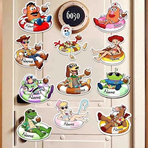 May include: A collection of colorful, cartoon character stickers, each depicted relaxing in a pool float with a tropical drink. The stickers feature characters like Mr. Potato Head, Woody, and Buzz Lightyear, with the word "Name" on each float.