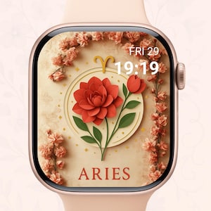 Aries Apple Watch Wallpaper – Zodiac Floral Astrology Background, Red Aries Aesthetic Digital Download