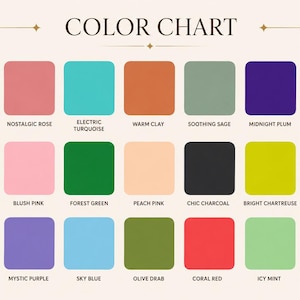 May include: A color chart featuring twenty-one rounded square swatches arranged in three rows. Each swatch is labeled with a specific color name including Apricot Crush, Nostalgic Rose, Electric Turquoise, Warm Clay, Soothing Sage, Midnight Plum, Golden Hour, Ocean Blue, Blush Pink, Forest Green, Peach Pink, Chic Charcoal, Bright Chartreuse, Classic Beige, Sunset Orange, Mystic Purple, Sky Blue, Olive Drab, Coral Red, Icy Mint, and Creamy Vanilla.