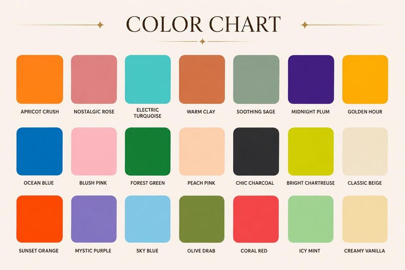 May include: A color chart featuring twenty-one rounded square swatches arranged in three rows. Each swatch is labeled with a specific color name including Apricot Crush, Nostalgic Rose, Electric Turquoise, Warm Clay, Soothing Sage, Midnight Plum, Golden Hour, Ocean Blue, Blush Pink, Forest Green, Peach Pink, Chic Charcoal, Bright Chartreuse, Classic Beige, Sunset Orange, Mystic Purple, Sky Blue, Olive Drab, Coral Red, Icy Mint, and Creamy Vanilla.