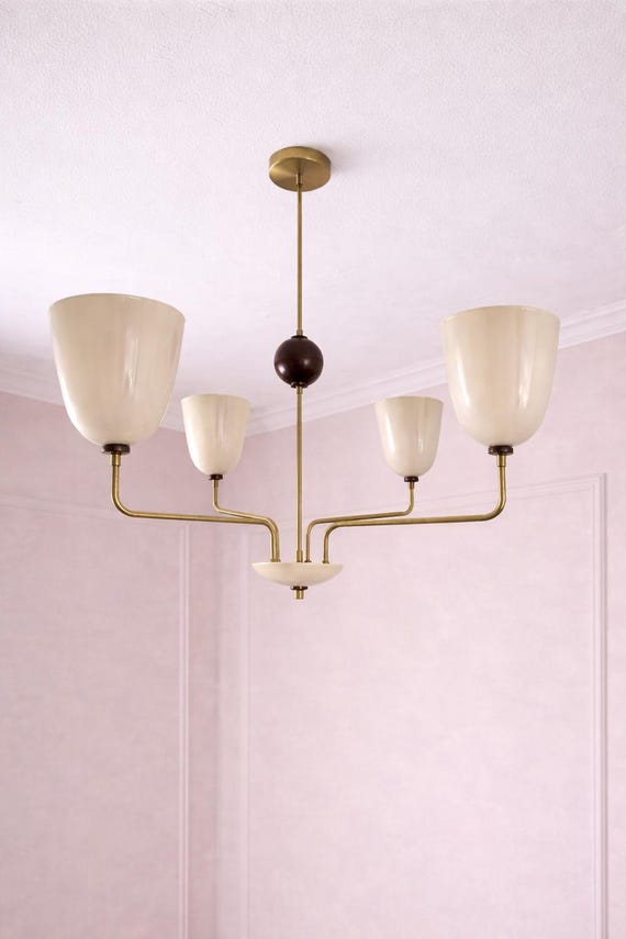 Mid-Century Modern Brass Chandelier Shades & Wooden Accent