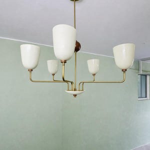 Mid-Century Modern Brass Chandelier Shades & Wooden Accent image 3
