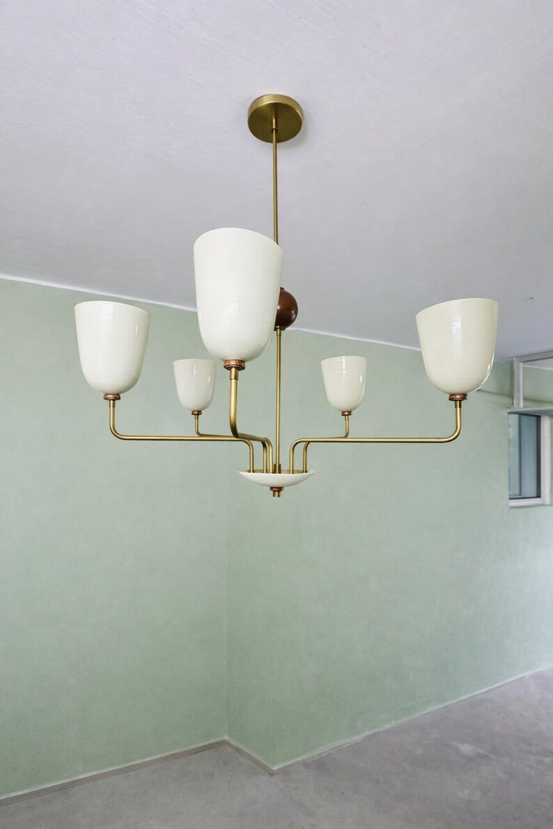 Mid-Century Modern Brass Chandelier Shades & Wooden Accent image 3
