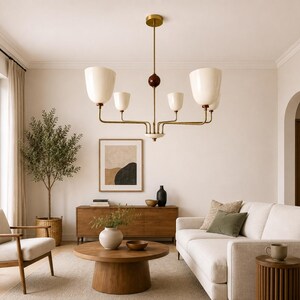 Mid-Century Modern Brass Chandelier Shades & Wooden Accent image 1