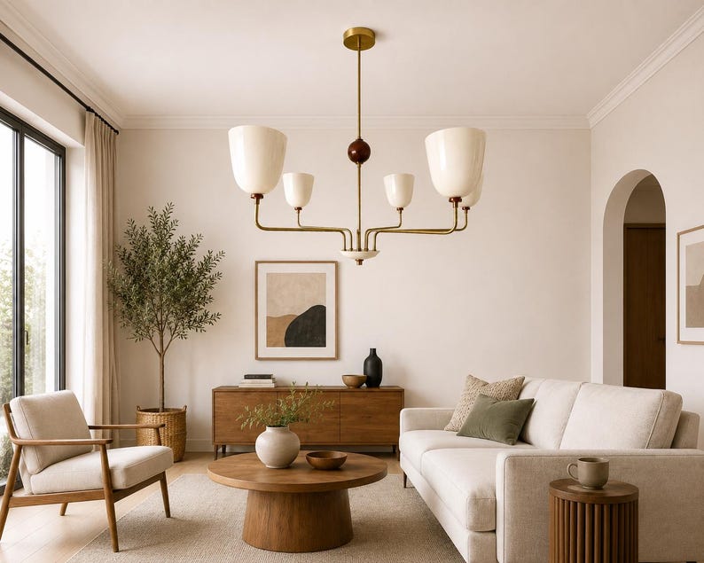 Mid-Century Modern Brass Chandelier Shades & Wooden Accent image 1
