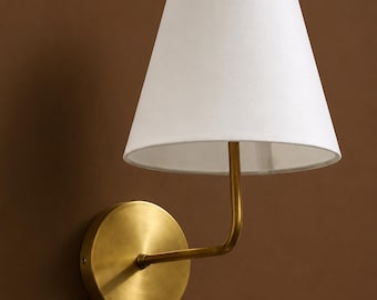 Mid-Century Modern Brass Wall Sconce: Linen Shade, Aged Finish